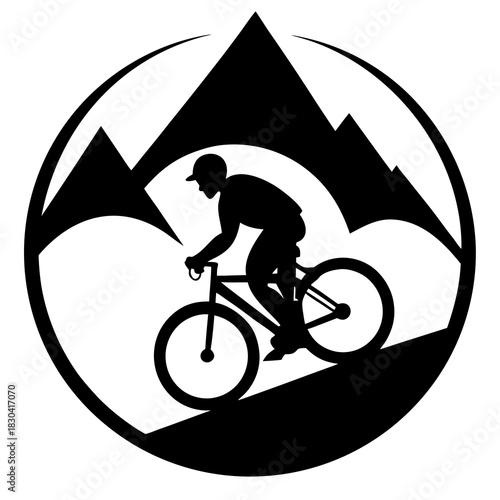 Mountain biker silhouette riding downhill inside circle emblem