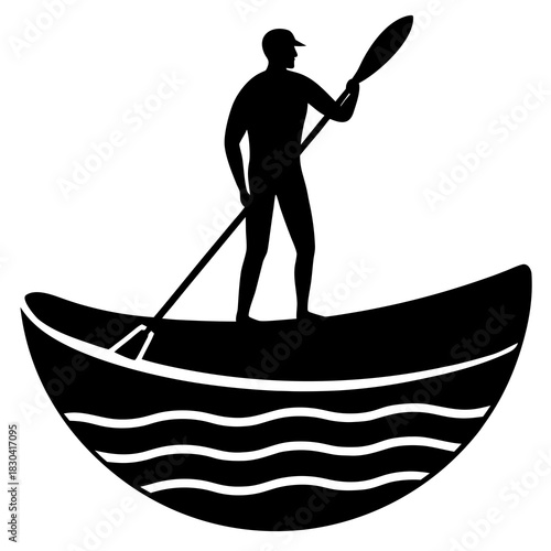 Silhouette of a person paddling a canoe on wavy water