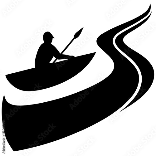 Silhouette of a kayaker paddling on a winding river