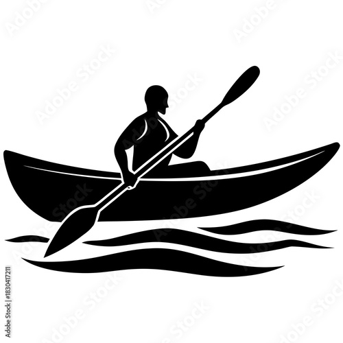 Silhouette of a person kayaking on water with waves