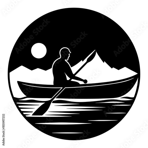 Silhouette of a person kayaking on a lake with mountains and moon