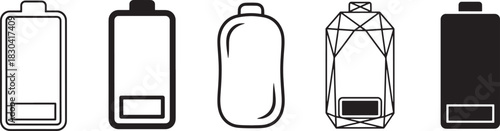 Low battery charge level icons set, minimal design, various styles, illustrating power depletion for device status displays and warnings. Vector