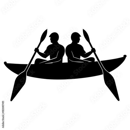 Two people in a kayak paddling together on white background