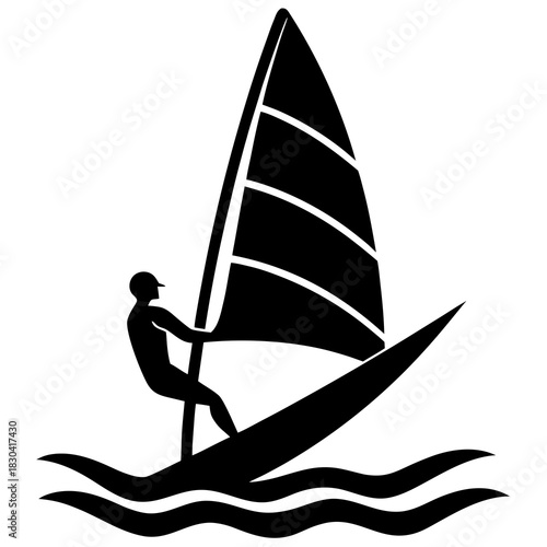 Windsurfer silhouette riding waves on a white background