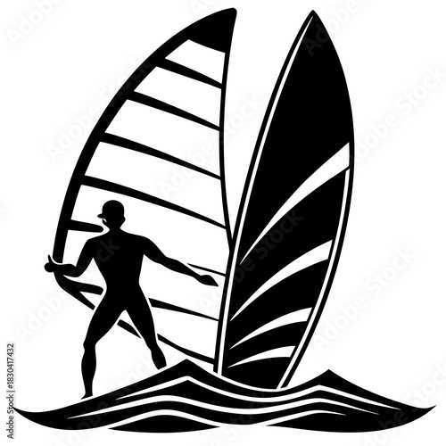Windsurfer silhouette riding waves with two sails