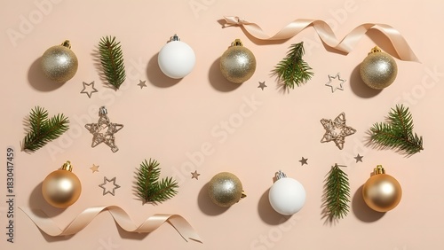 Minimalist flat-lay of elegant Christmas ornaments on a soft beige background. Matte gold and white baubles