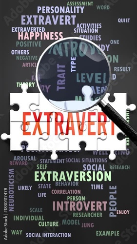 Extravert under magnifying glass, being researched, studied and examined. Most important subjects and ideas closely related to extravert written around a puzzle to symbolize complexity of extravert.