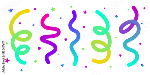 Colorful serpentine streamers with stars and dots on red background. Festive celebration design for party invitation, New Year greeting card, birthday event poster. Vector illustration