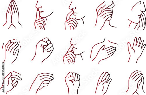 Collection of line art icons depicting various hand gestures related to silence, prayer, secrecy, and communication, isolated on white background