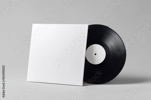 Vinyl Record and Album Cover: A classic vinyl record sits beside a sleek, blank album cover. This image evokes the enduring appeal of vintage music culture.