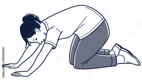 Illustration of a woman in a kneeling yoga pose with her arms extended forward.