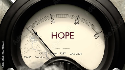 Hope meter showing low levels of hope. Minimum and decreasing hope value, below the norm. Lack of hope. None of it, insufficient.