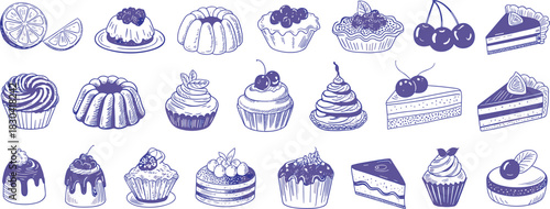 Set of vintage hand drawn blue dessert illustrations with cupcakes, cake slices, and fruit tarts.