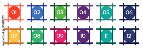 Number bullet points set 1 to 12. Transparent background