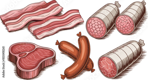 Hand drawn vintage sketch set of meat products, including bacon, sausage, salami, and beef steak.