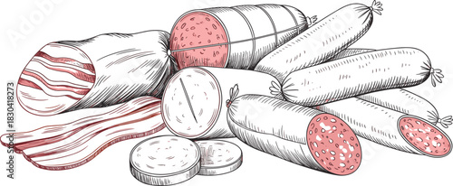 Hand drawn vintage sketch collection of cured meats, including salami, sausages, bacon, and ham slices.
