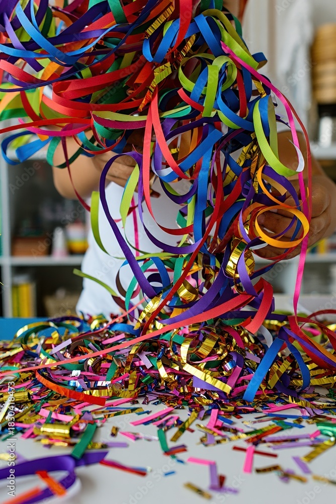 Fototapeta premium Direct view of a vivid carnival scene with colorful streamers and confetti