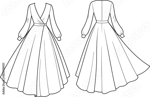 Elegant long-sleeve wrap gown technical flat sketch with full flared skirt, fitted waist, V-neck front, and detailed fashion illustration
