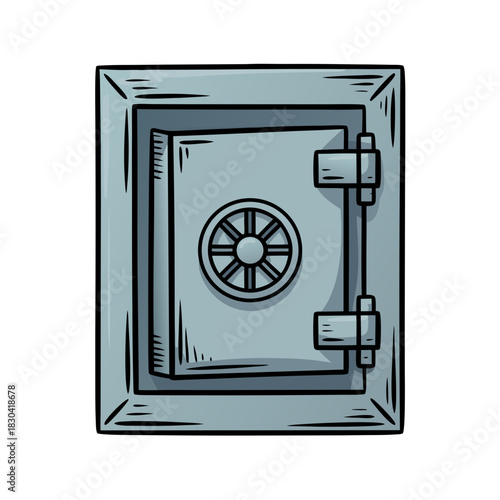 Bank vault illustration with safe door and combination lock design  