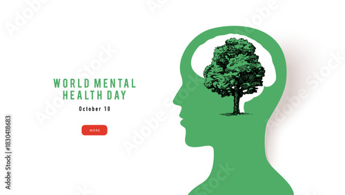Poster of profile human head, brait and tree. Psychology, neuroscience, education, mental health, psychotherapy, education, e-learning, ecology concept. Hand drawn vector illustration