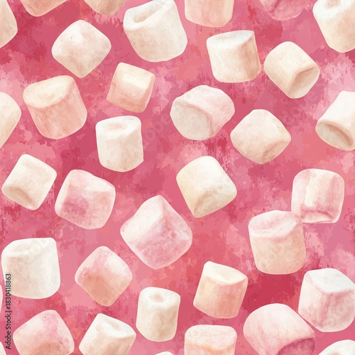 Watercolor seamless pattern of delicate marshmallows on a pink background
