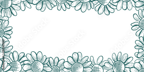 Rectangular frame with daisy flowers around the edges. Vector frame in line art style. Botanical drawing of wildflowers. Executed in a popular dark turquoise shade. Nature engraving.