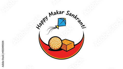 Happy Makar Sankranti festival greeting with kite and traditional sweets.