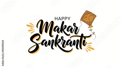 Happy Makar Sankranti Text with Kite Illustration.
