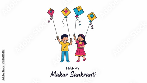 Children joyfully flying kites celebrating the Makar Sankranti festival.