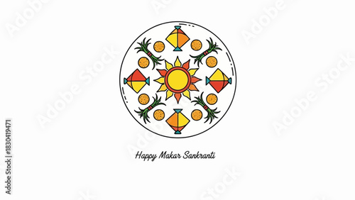 Colorful Makar Sankranti Illustration with kites and sun design.