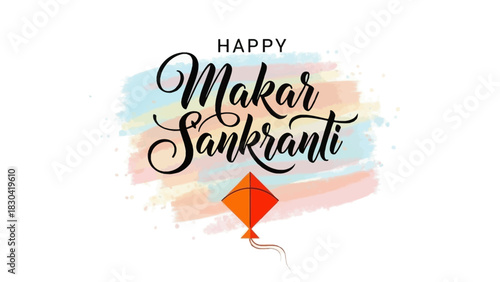 Happy Makar Sankranti festival celebration with kite and colorful background.