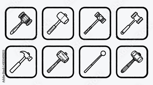 Black and white illustration of various hammers and mallets tools