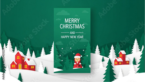 Festive paper cut art of a snowy winter village for Christmas and New Year