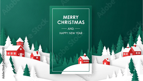 Merry Christmas and Happy New Year greeting with winter village and forest