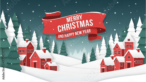 Festive Merry Christmas And Happy New Year Winter Village Scene