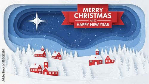Festive winter village scene in layered paper cut style with the Christmas star