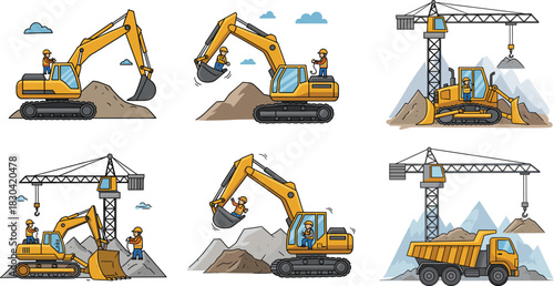 Construction site machines, excavators and cranes, workers operating heavy equipment, digging and lifting, industrial site scene - cad drawing flat vector illustration