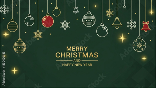 Elegant holiday banner with golden line art Christmas ornaments and snowflakes on a dark green background