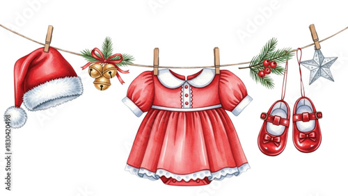 Watercolor Baby Christmas Outfit Clipart, Red Dress, Christmas Hat, Shoes and Holiday Decorations on Clothesline