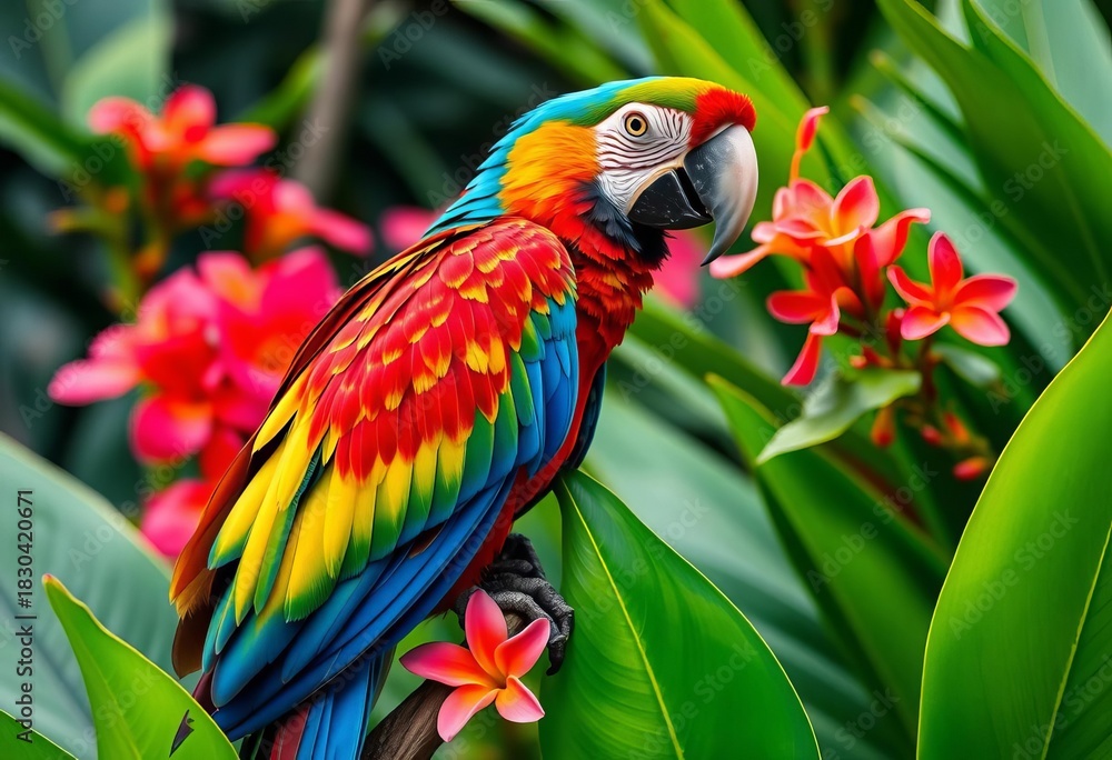Obraz premium Vibrant macaw perched on lush tropical foliage, bright flowers, vibrant colors, colorful