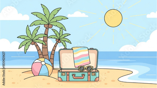 Summer Beach Vacation Essentials Suitcase, Sunglasses, Palm Trees, and Sunshine