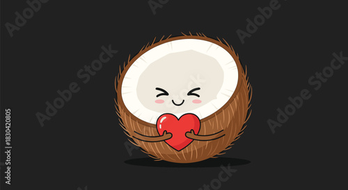 A happy cartoon half-coconut with a friendly face is shown holding a vibrant red heart, symbolizing love, care, and tropical affection.