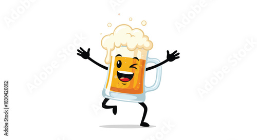 A lively cartoon beer mug character with a happy winking face and frothy foam, joyfully posing with outstretched arms and legs.