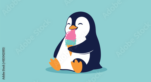 Adorable cartoon penguin happily licking a vibrant pink and blue ice cream cone, embodying a cheerful summer treat.