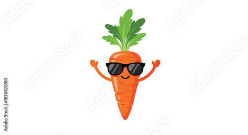 A cheerful and cool cartoon carrot character wearing stylish black sunglasses, smiling happily with its arms raised, isolated on a white background.