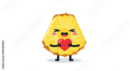 Cute pineapple slice cartoon character holding a red heart with a happy expression on a white background.