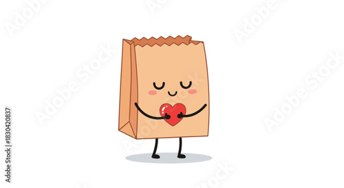 A happy and adorable cartoon brown paper bag character gently holds a vibrant red heart, conveying feelings of love and appreciation.