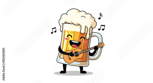A cheerful cartoon beer mug character with a frothy head happily plays an acoustic guitar, with musical notes floating around, on a clean white background.