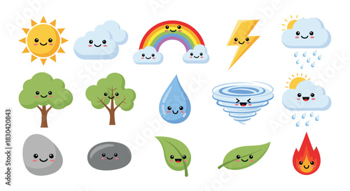 A vibrant collection of kawaii cartoon nature and weather elements, featuring smiling sun, clouds, trees, rocks, water, fire, and more, isolated on white.