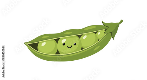 A cartoon illustration of a happy, smiling pea inside an open green pea pod with other peas, isolated on a white background.